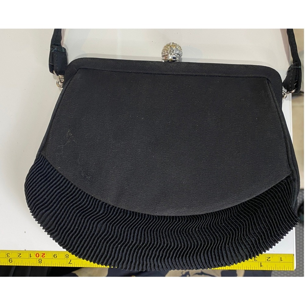 Vintage Black Pleated Clutch Purse Rhinestone Dome Clasp Gold Lining Evening Bag
